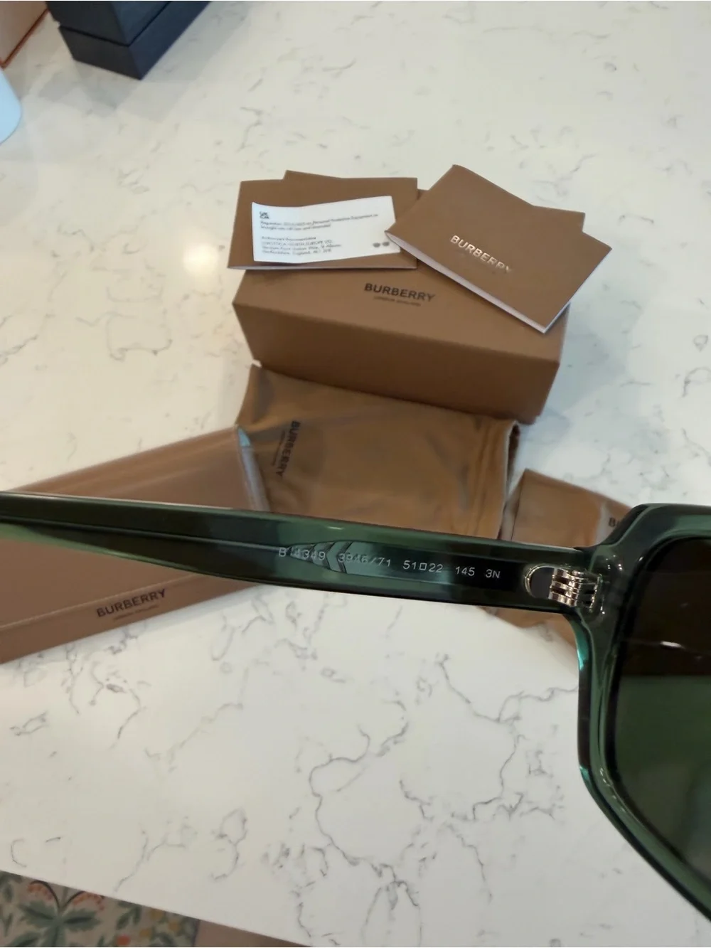 Burberry Green Rectangular Sunglasses with Brown Accessories